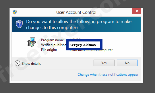 Screenshot where Sergey Akimov appears as the verified publisher in the UAC dialog